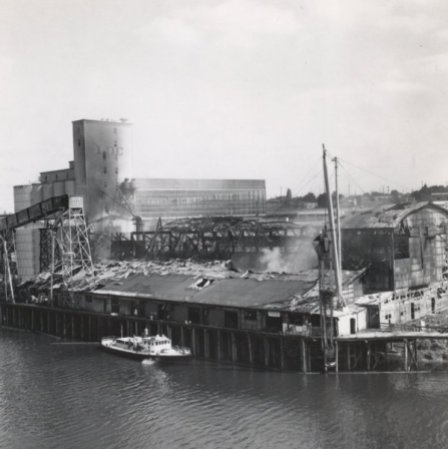 Fire smoldering on O Dock in 1960